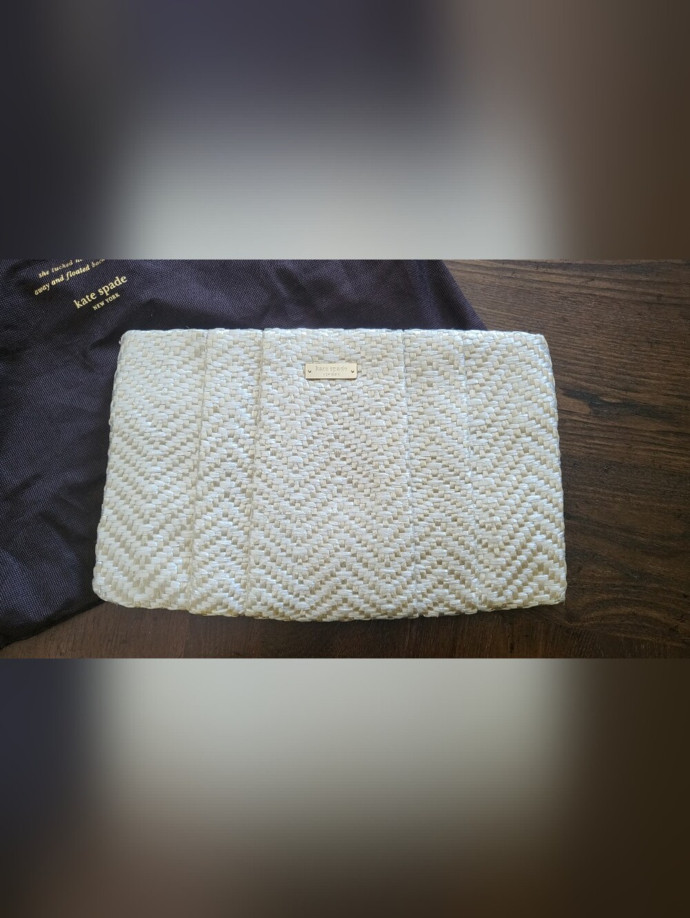 Kate Spade Woven Straw Cream Clutch with gold logo plate NWOT